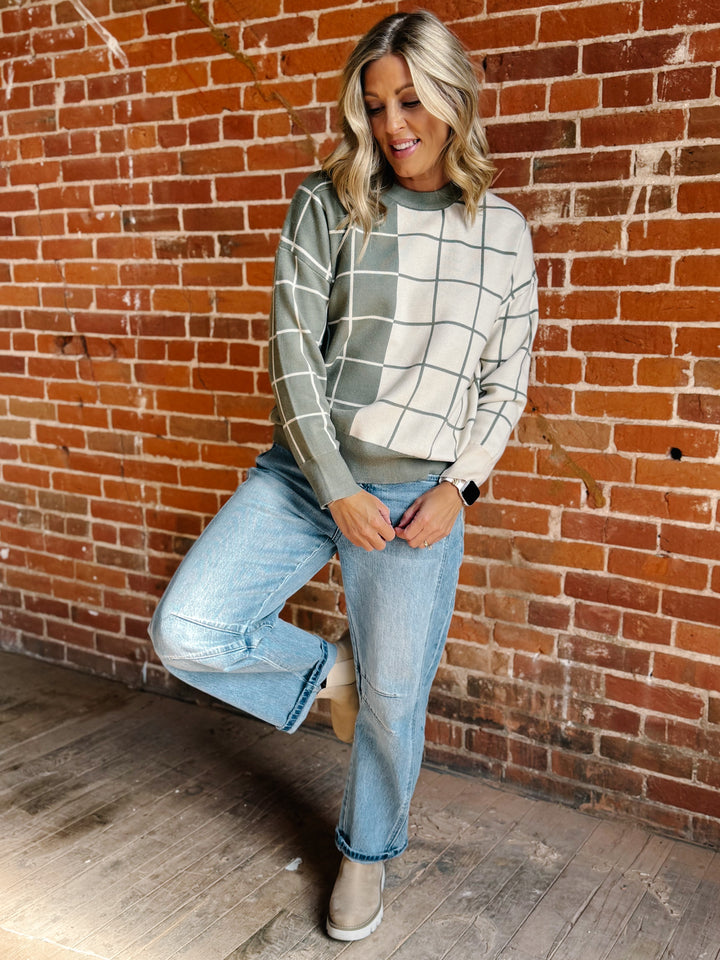 Half & Half Windowpane Sweater, Olive & Cream