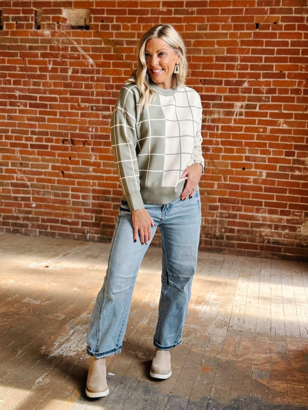 Half & Half Windowpane Sweater, Olive & Cream