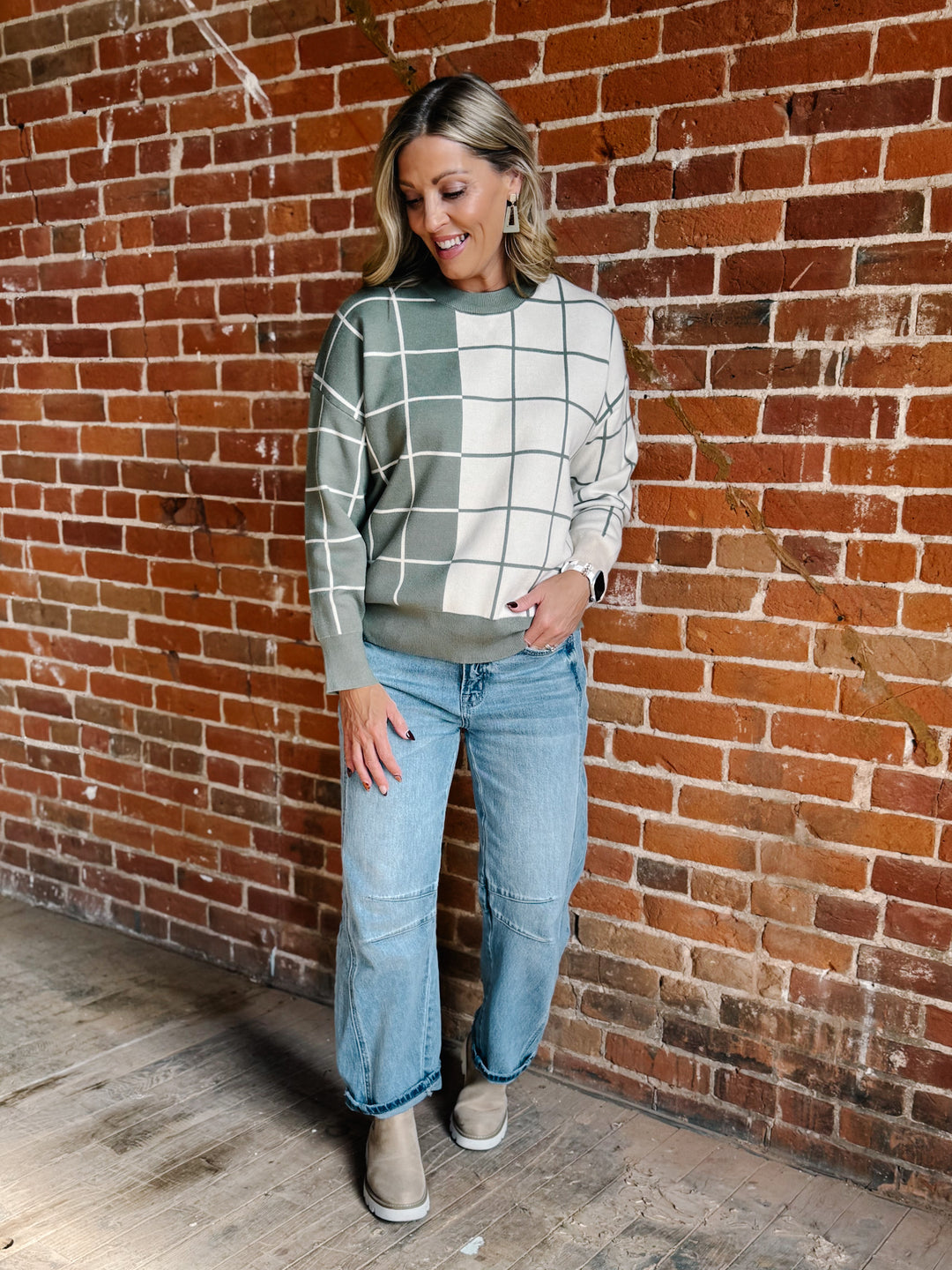 Half & Half Windowpane Sweater, Olive & Cream