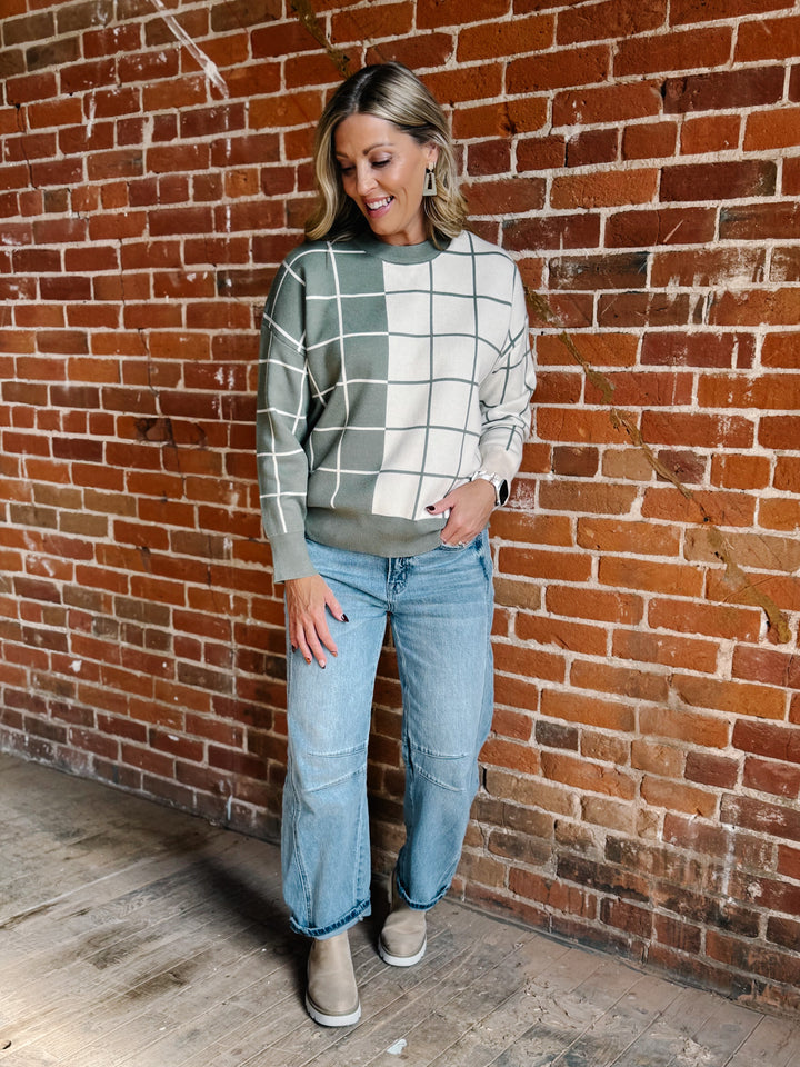 Half & Half Windowpane Sweater, Olive & Cream