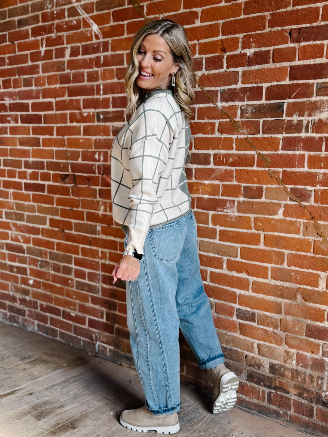 Half & Half Windowpane Sweater, Olive & Cream