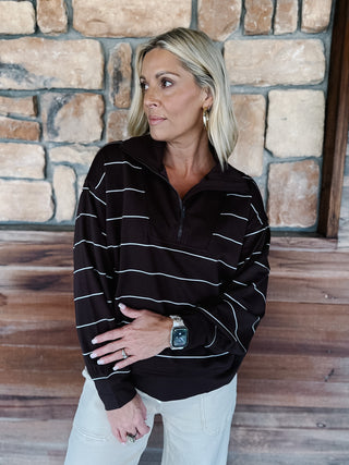 Halo Striped Qtr Zip Pullover, Espresso/Cream