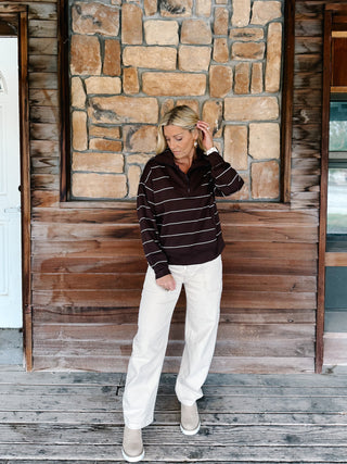 Halo Striped Qtr Zip Pullover, Espresso/Cream