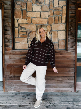 Halo Striped Qtr Zip Pullover, Espresso/Cream