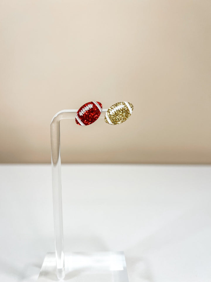 Hand Painted Football Stud Glitter Earrings, Red & Gold