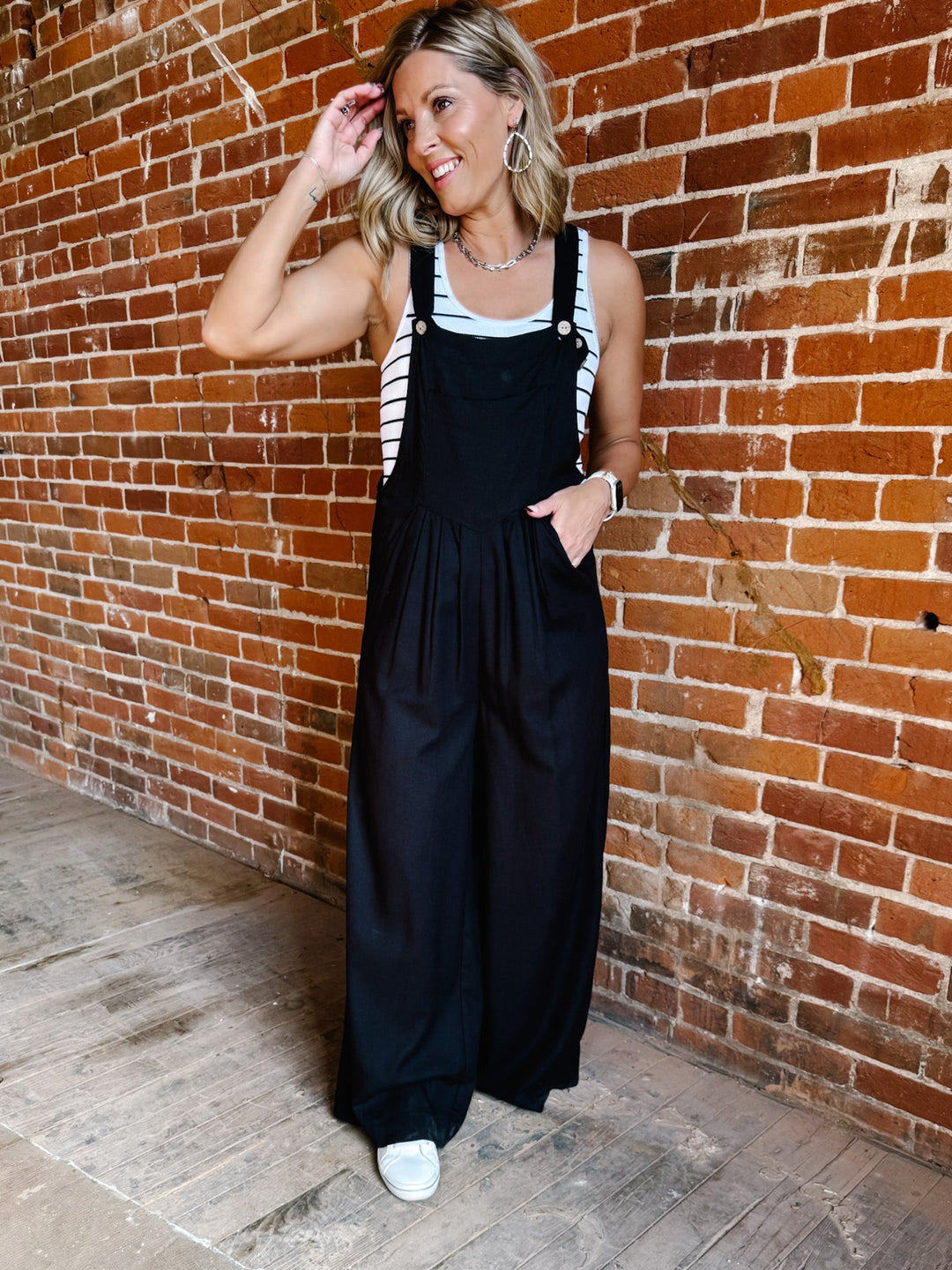 Harper Linen Wide Leg Overalls, Black
