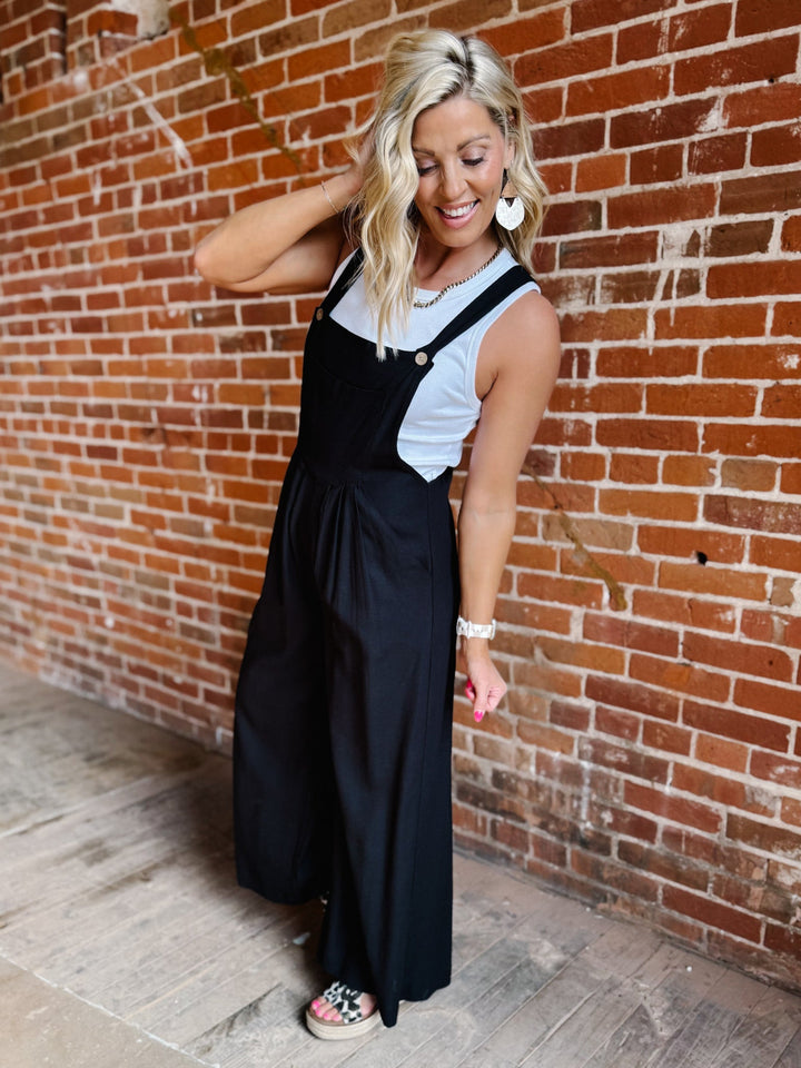 Harper Linen Wide Leg Overalls, Black