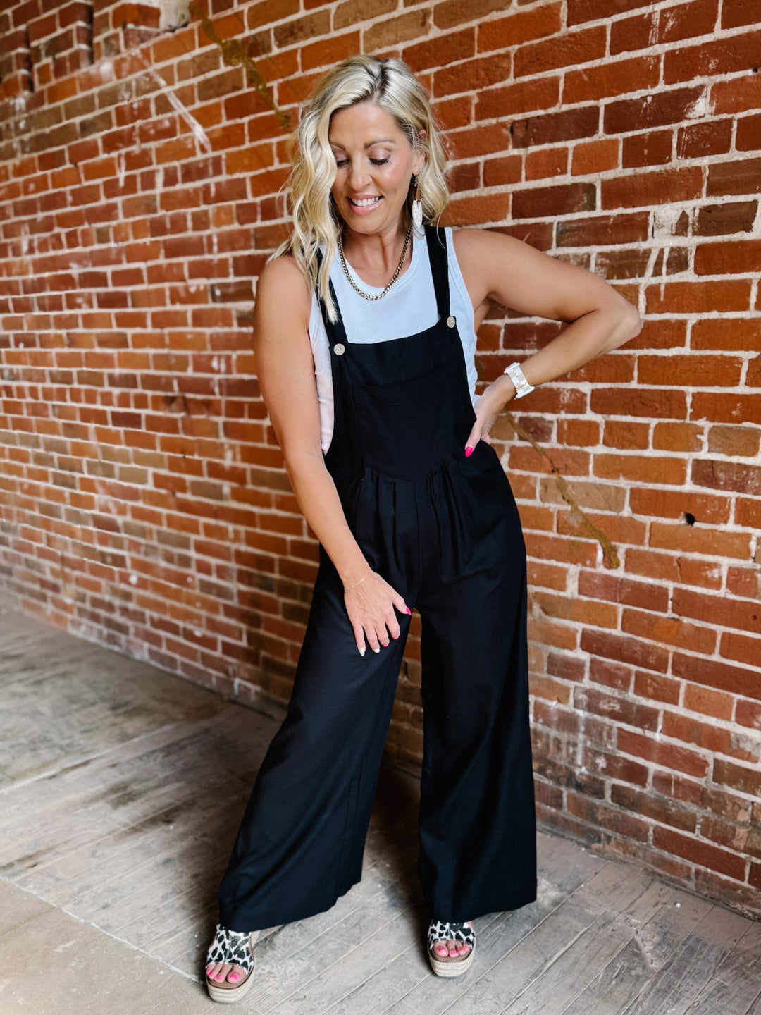 Harper Linen Wide Leg Overalls, Black