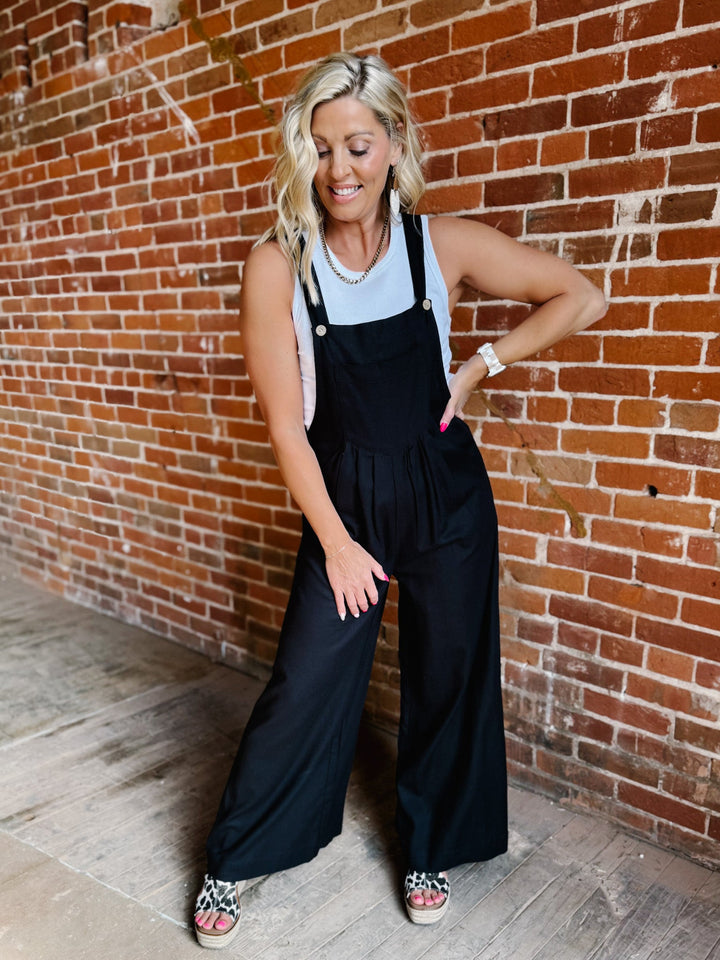 Harper Linen Wide Leg Overalls, Black