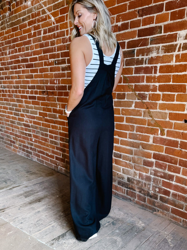 Harper Linen Wide Leg Overalls, Black