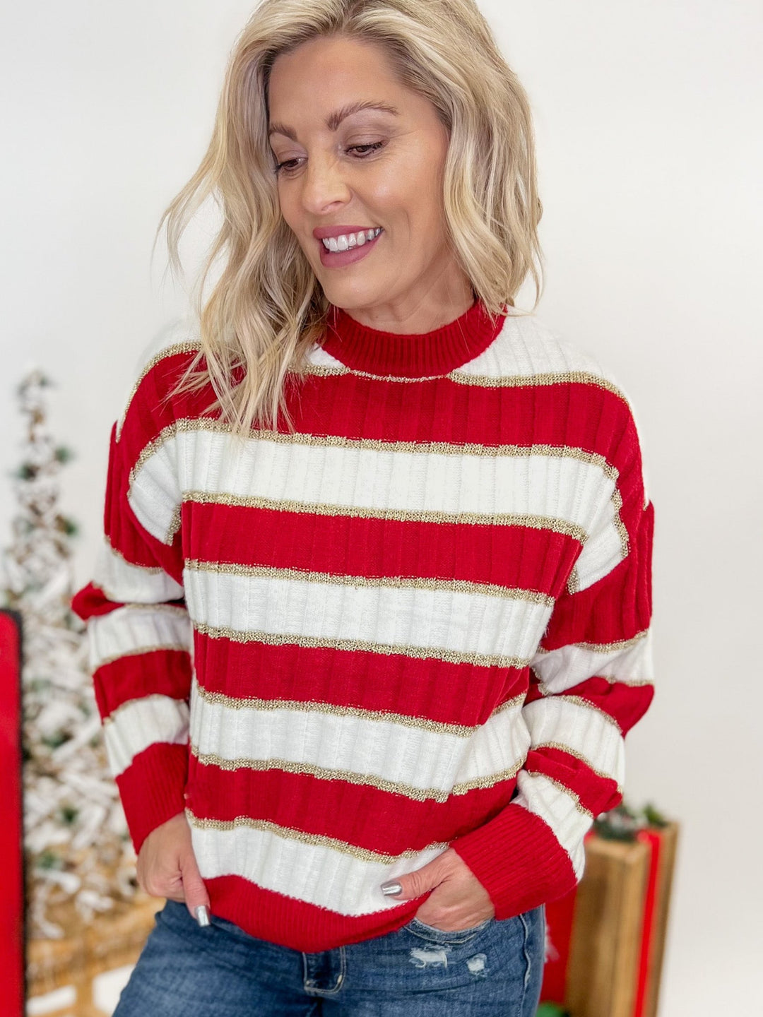 Harrison Gold Lurex Stripe Sweater, Red