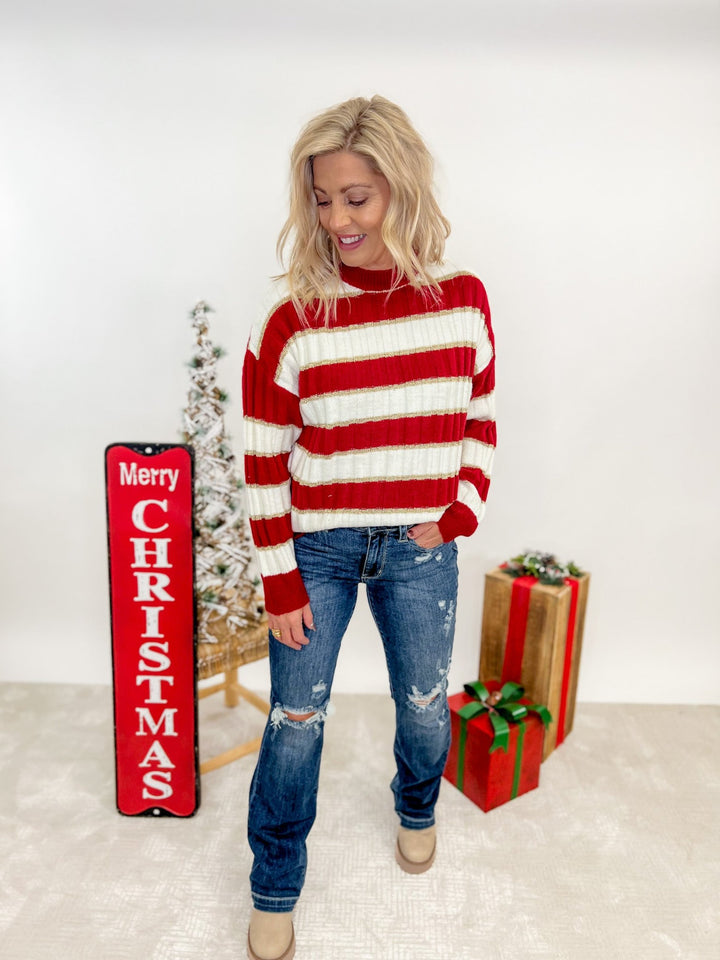 Harrison Gold Lurex Stripe Sweater, Red