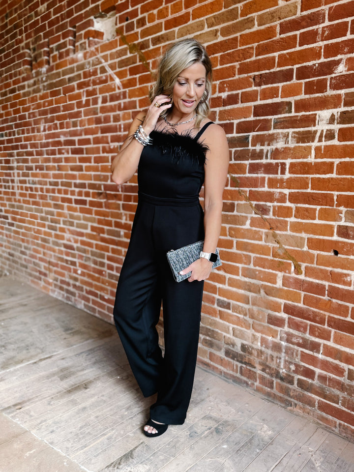 Haven Jumpsuit with Feather Trim, Black