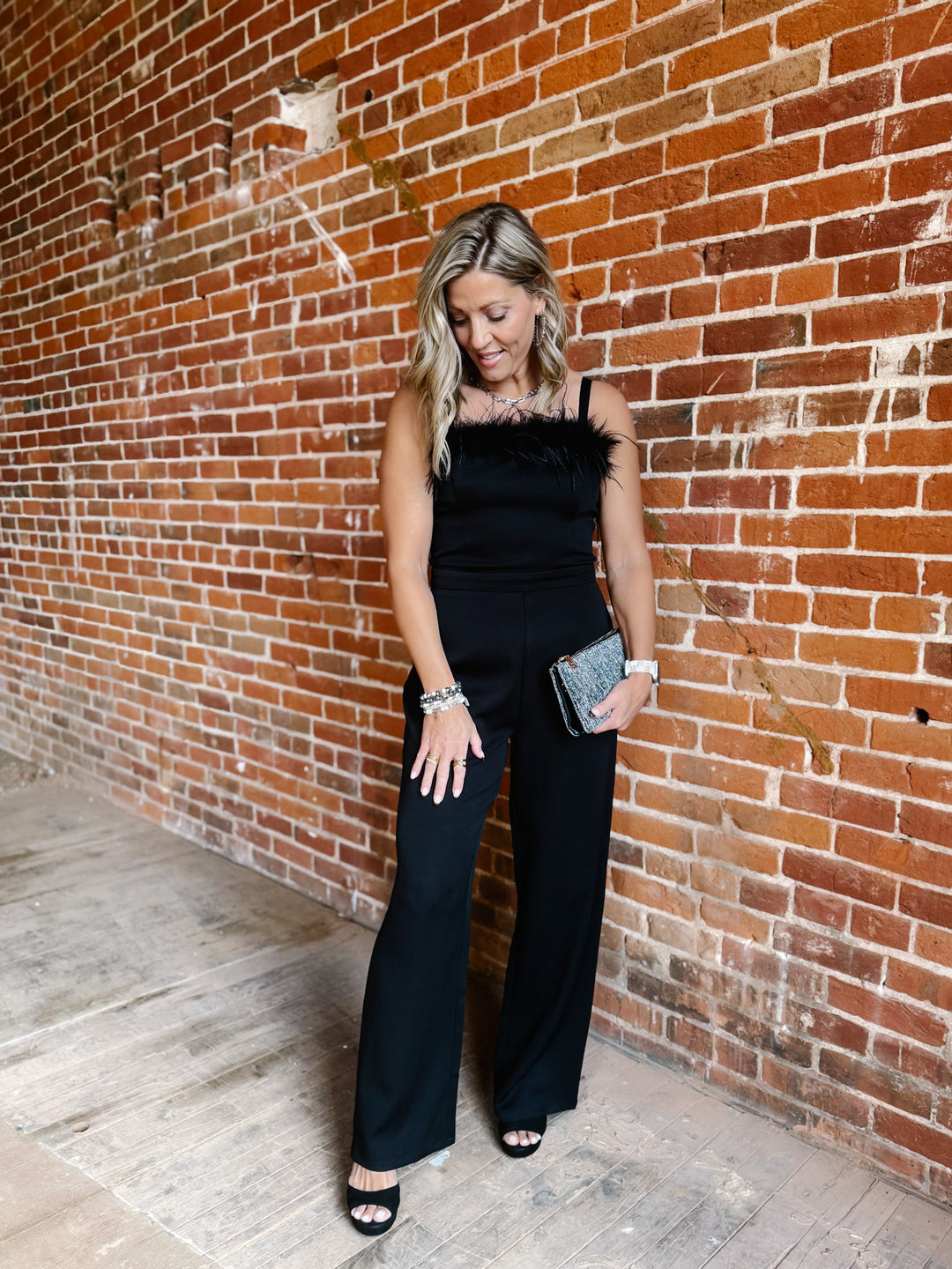 Haven Jumpsuit with Feather Trim, Black