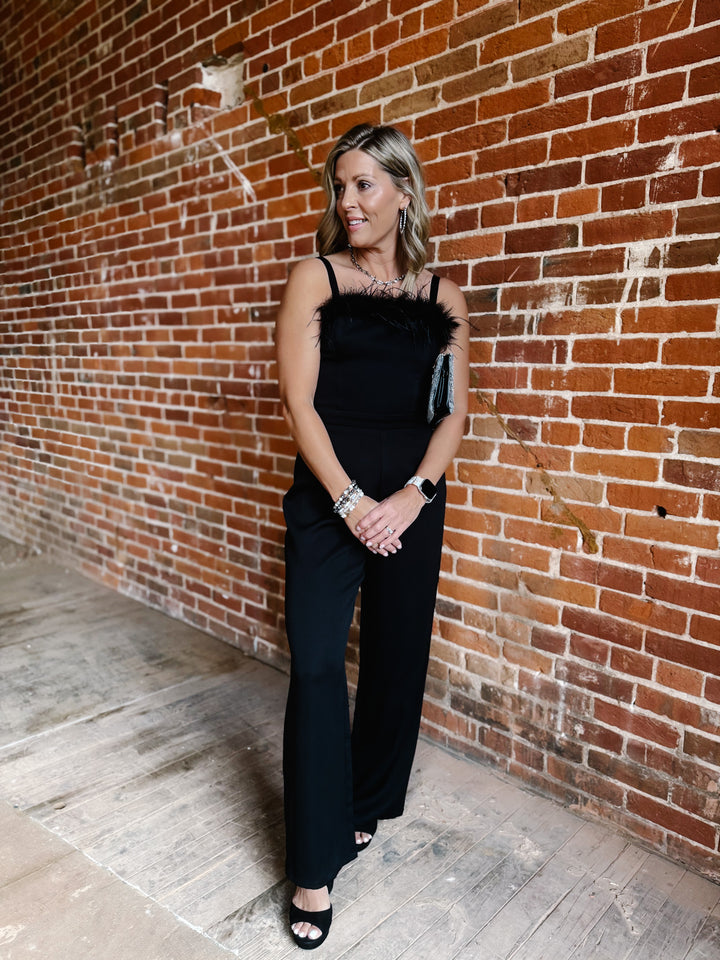 Haven Jumpsuit with Feather Trim, Black