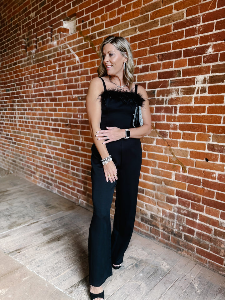 Haven Jumpsuit with Feather Trim, Black