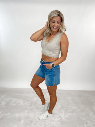 High Key High Rise Cutoff A-Line Shorts, Medium Wash