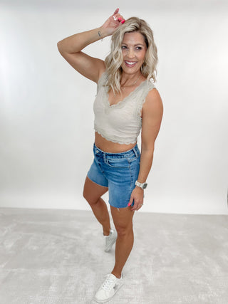 High Key High Rise Cutoff A-Line Shorts, Medium Wash