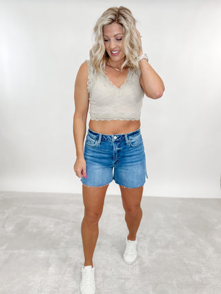 High Key High Rise Cutoff A-Line Shorts, Medium Wash