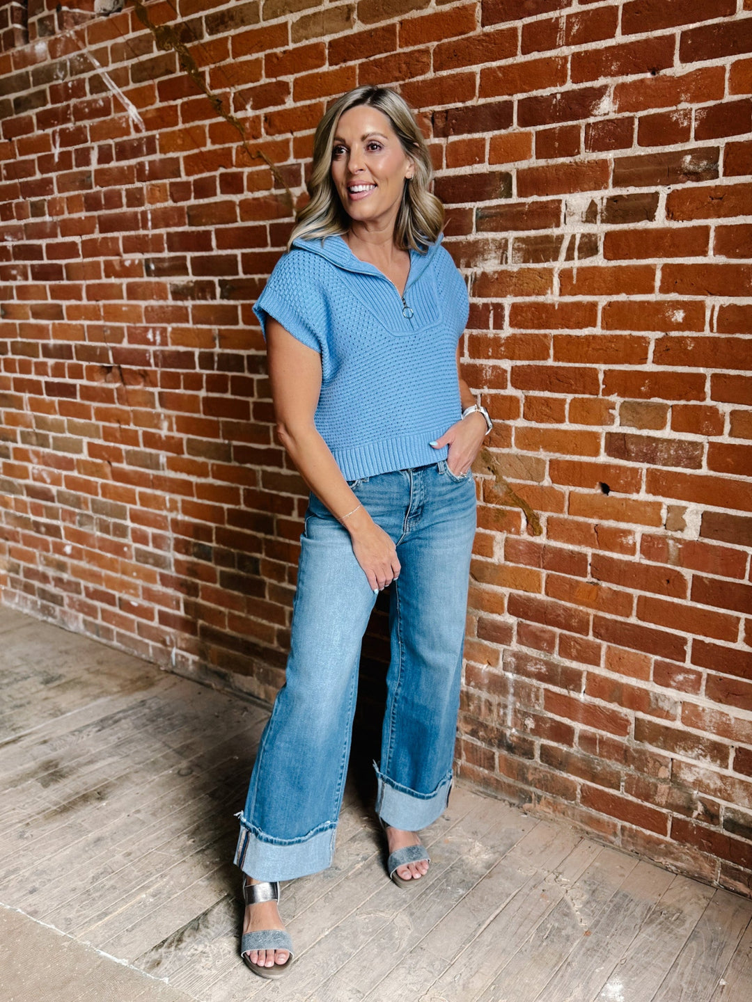 Highline Knit Qtr Zip Cap Sleeve Sweater, Blue