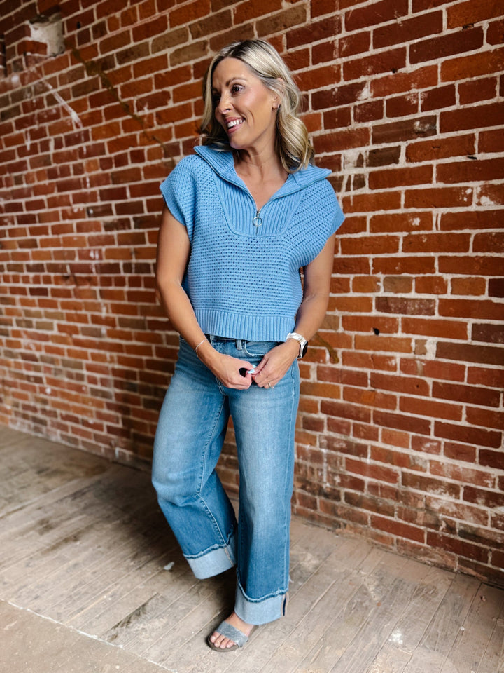 Highline Knit Qtr Zip Cap Sleeve Sweater, Blue