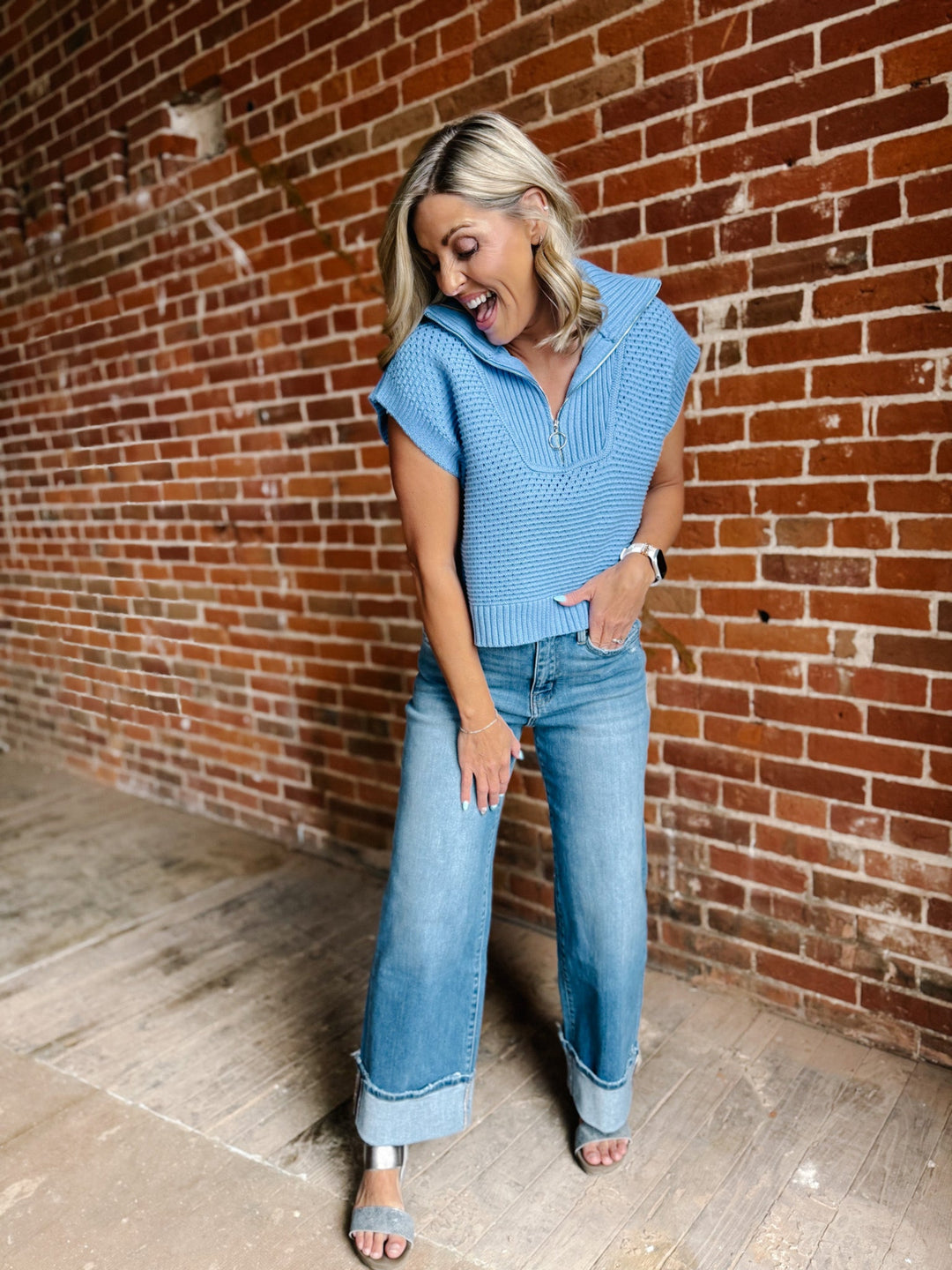 Highline Knit Qtr Zip Cap Sleeve Sweater, Blue