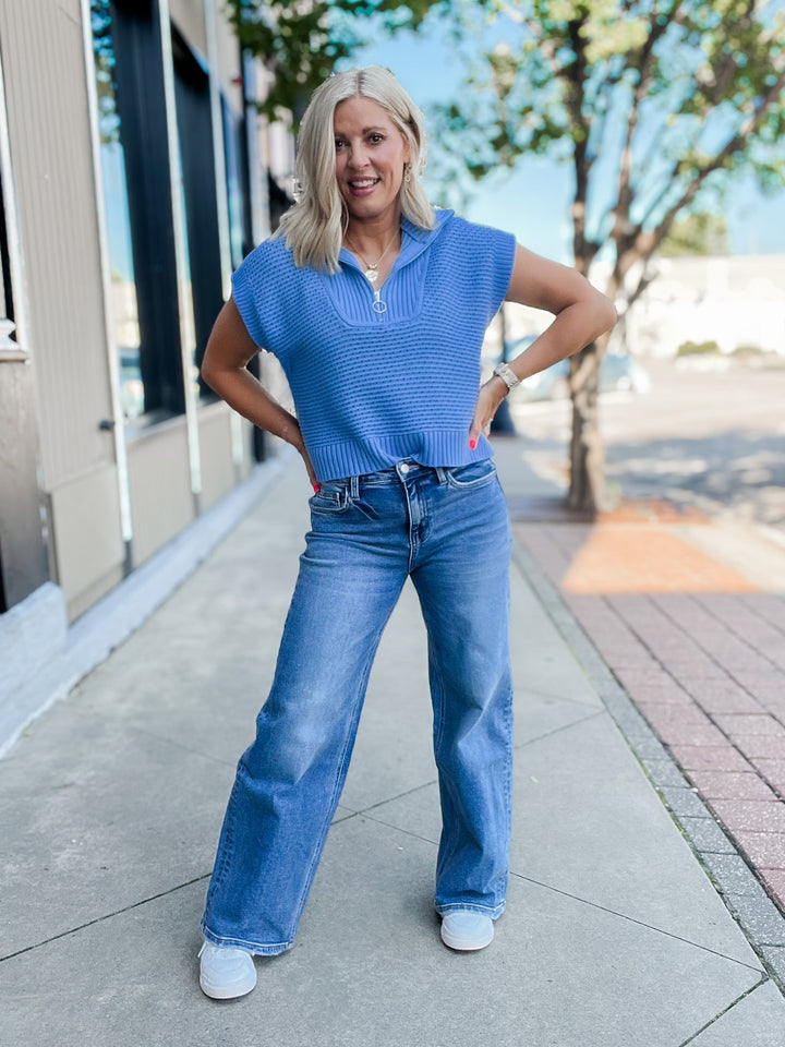 Highline Knit Qtr Zip Cap Sleeve Sweater, Blue