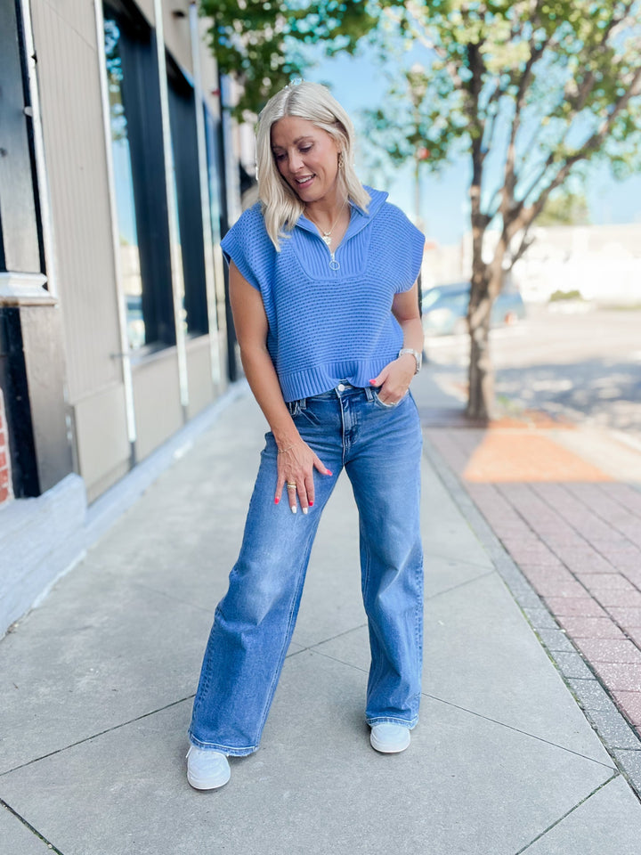 Highline Knit Qtr Zip Cap Sleeve Sweater, Blue