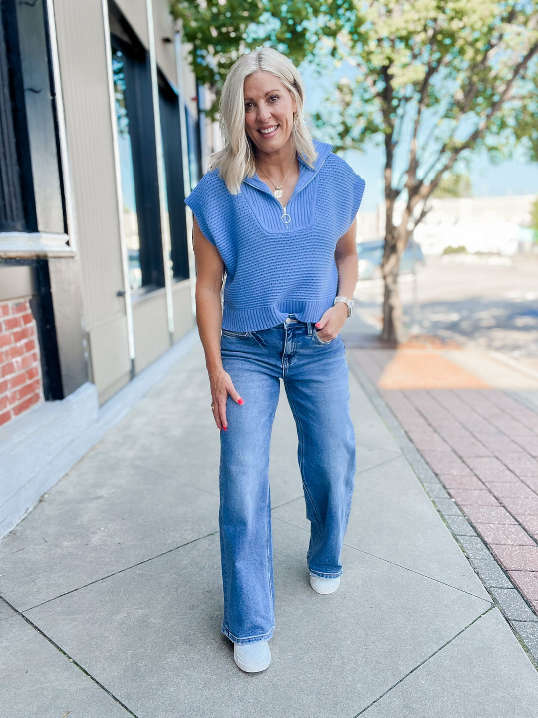 Highline Knit Qtr Zip Cap Sleeve Sweater, Blue