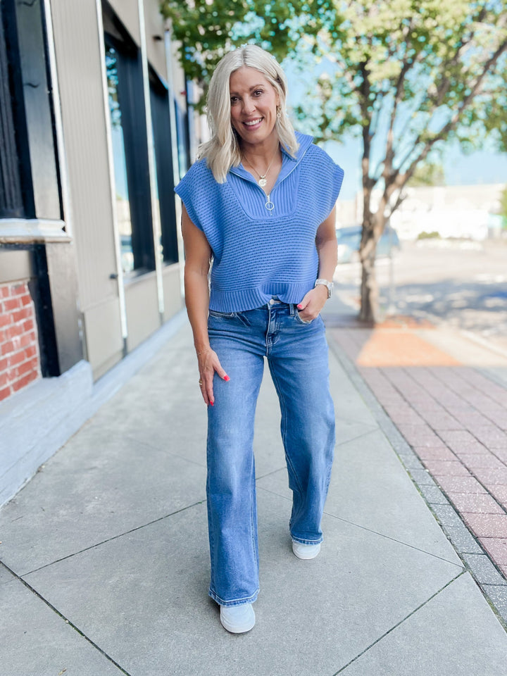 Highline Knit Qtr Zip Cap Sleeve Sweater, Blue