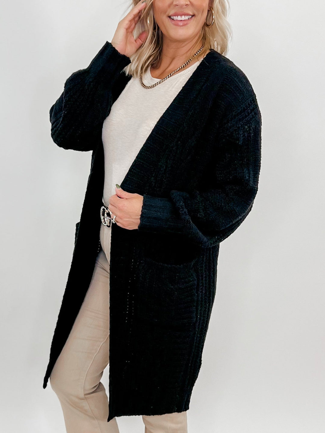 Hold Me Tight Midi Cable Knit Cardigan, Black