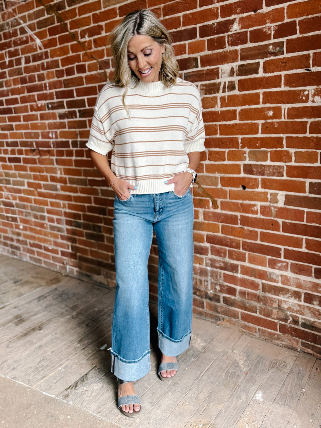 Honey Oat Striped Short Sleeve Knit Top, Tan/White