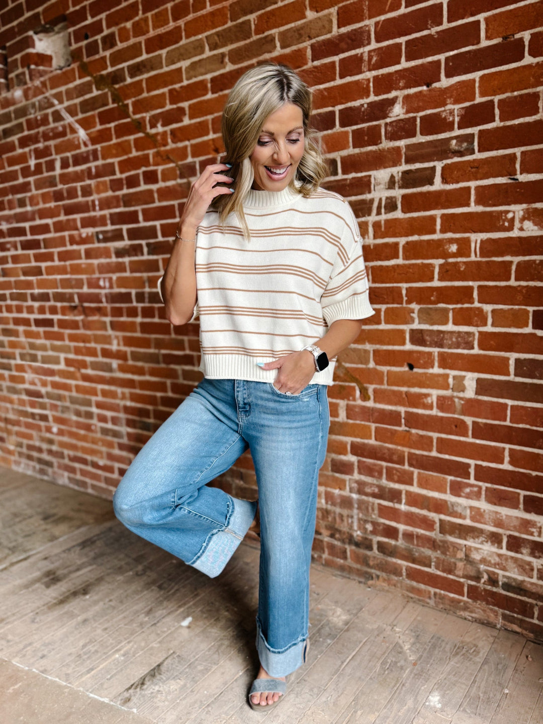 Honey Oat Striped Short Sleeve Knit Top, Tan/White