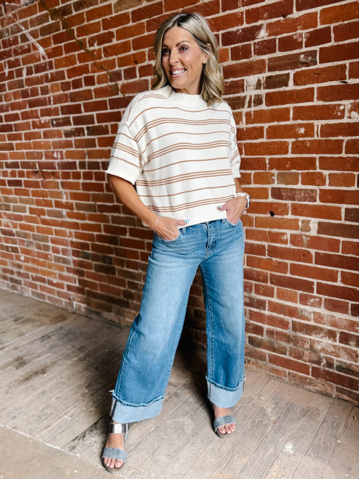 Honey Oat Striped Short Sleeve Knit Top, Tan/White