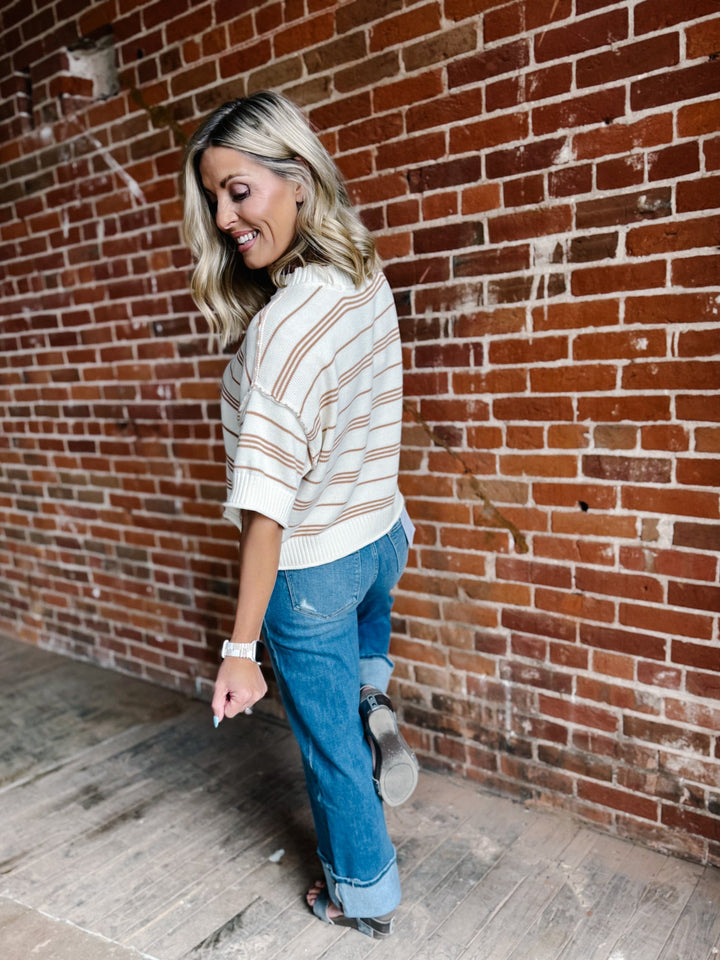 Honey Oat Striped Short Sleeve Knit Top, Tan/White