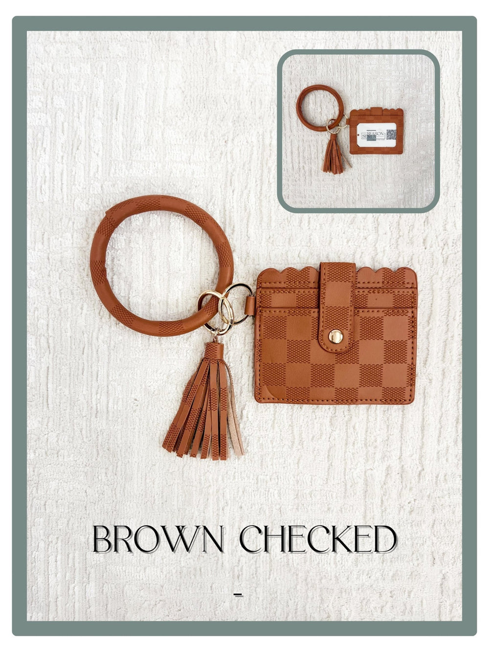 ID Card Wallet Keychain, Brown Checked