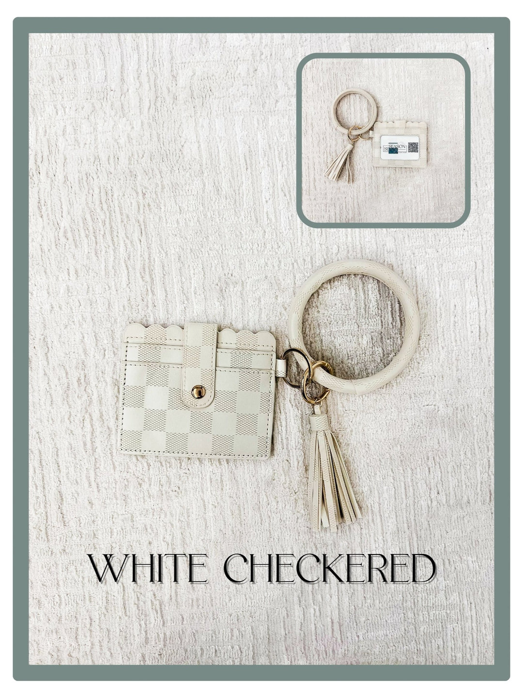 ID Card Wallet Keychain, White Checked