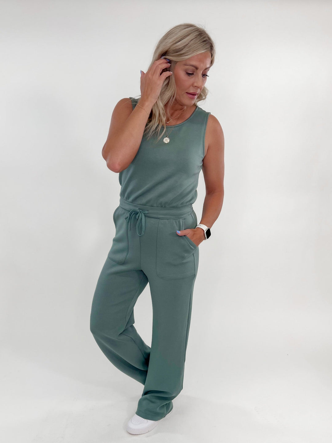 I Gotta Feeling Scuba Luxury Jumpsuit, Sage Leaf