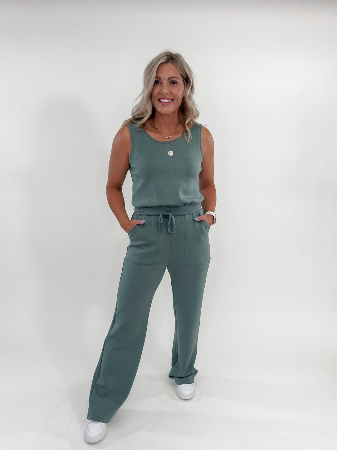 I Gotta Feeling Scuba Luxury Jumpsuit, Sage Leaf