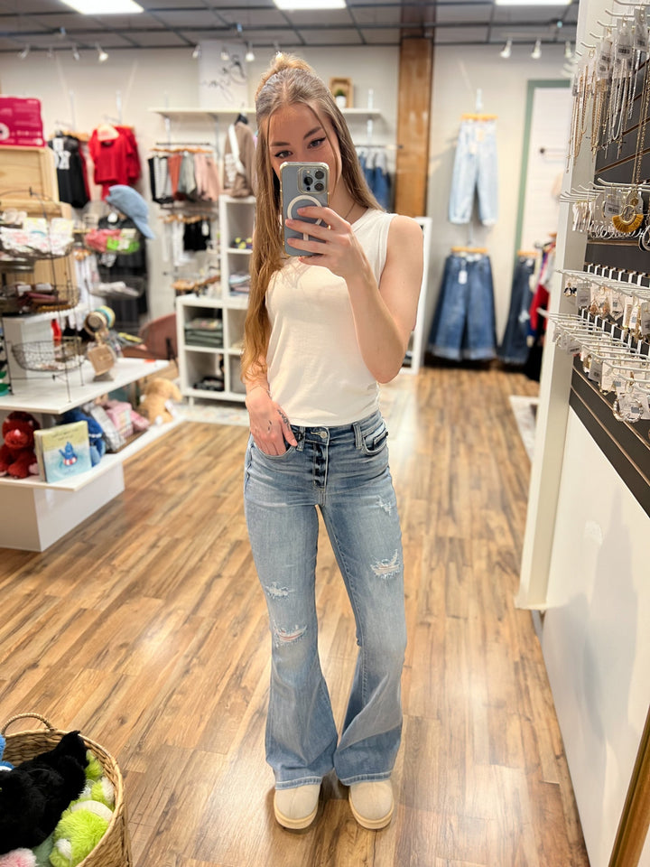 Cozette High Rise Distressed Flare, Light Wash
