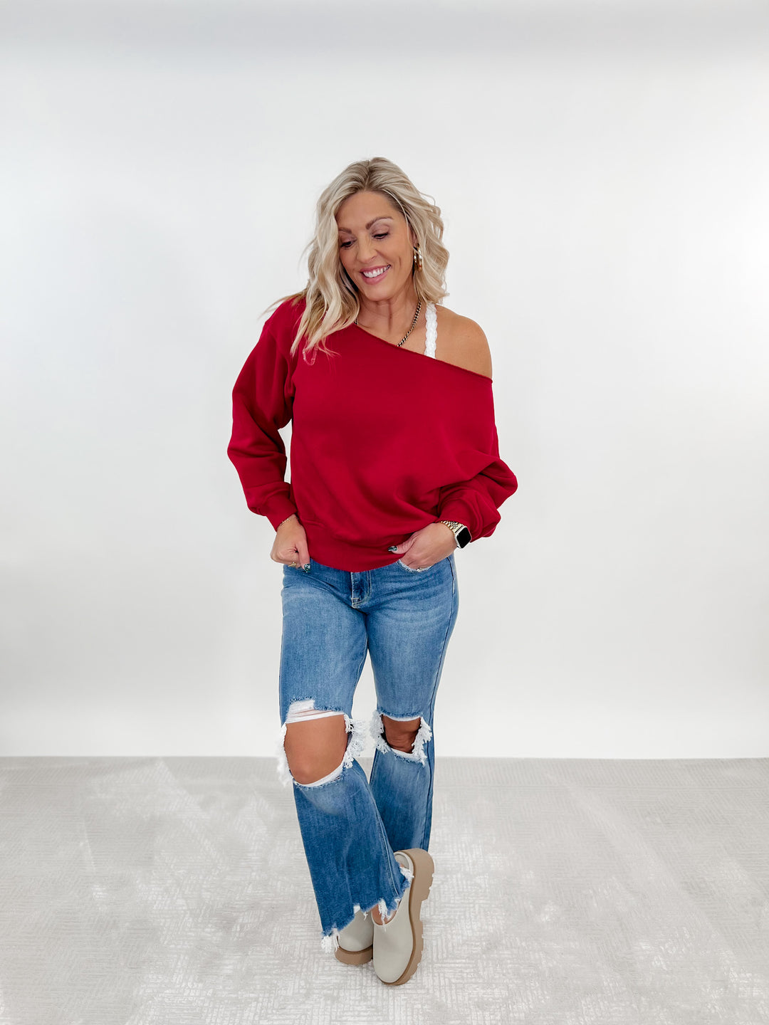 Edge of Cozy Off Shoulder Pullover, Red