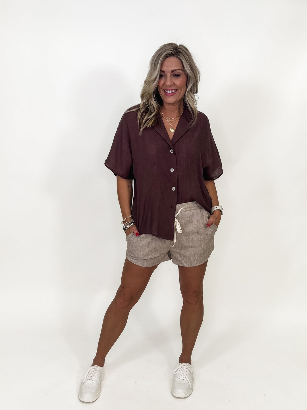 Charlene Elastic Waist Knit Shorts, Taupe