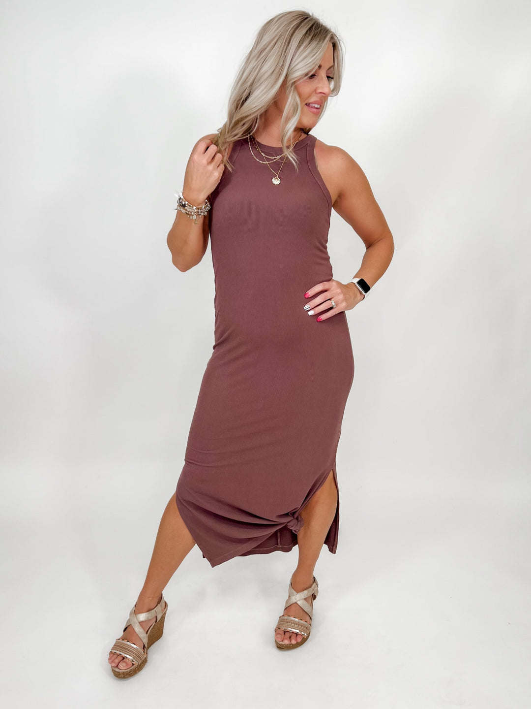Everyday Love Ribbed Jersey Racerback Maxi Dress, Brown