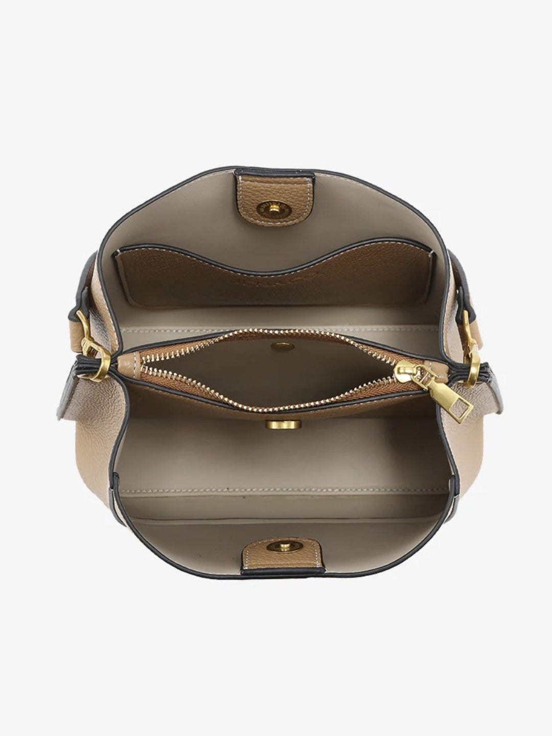 Top-down view of a structured handbag showing its interior, featuring a taupe leather exterior, a beige interior lining, a zippered compartment, and gold-tone hardware.
