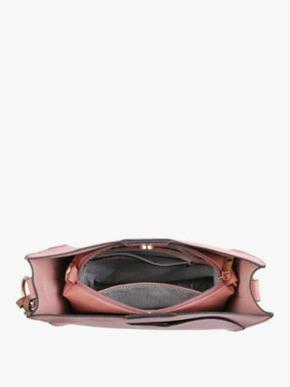 An open pink leather shoulder bag shown from a top-down view, displaying its interior compartments, gray lining, and gold-tone hardware against a plain white background.