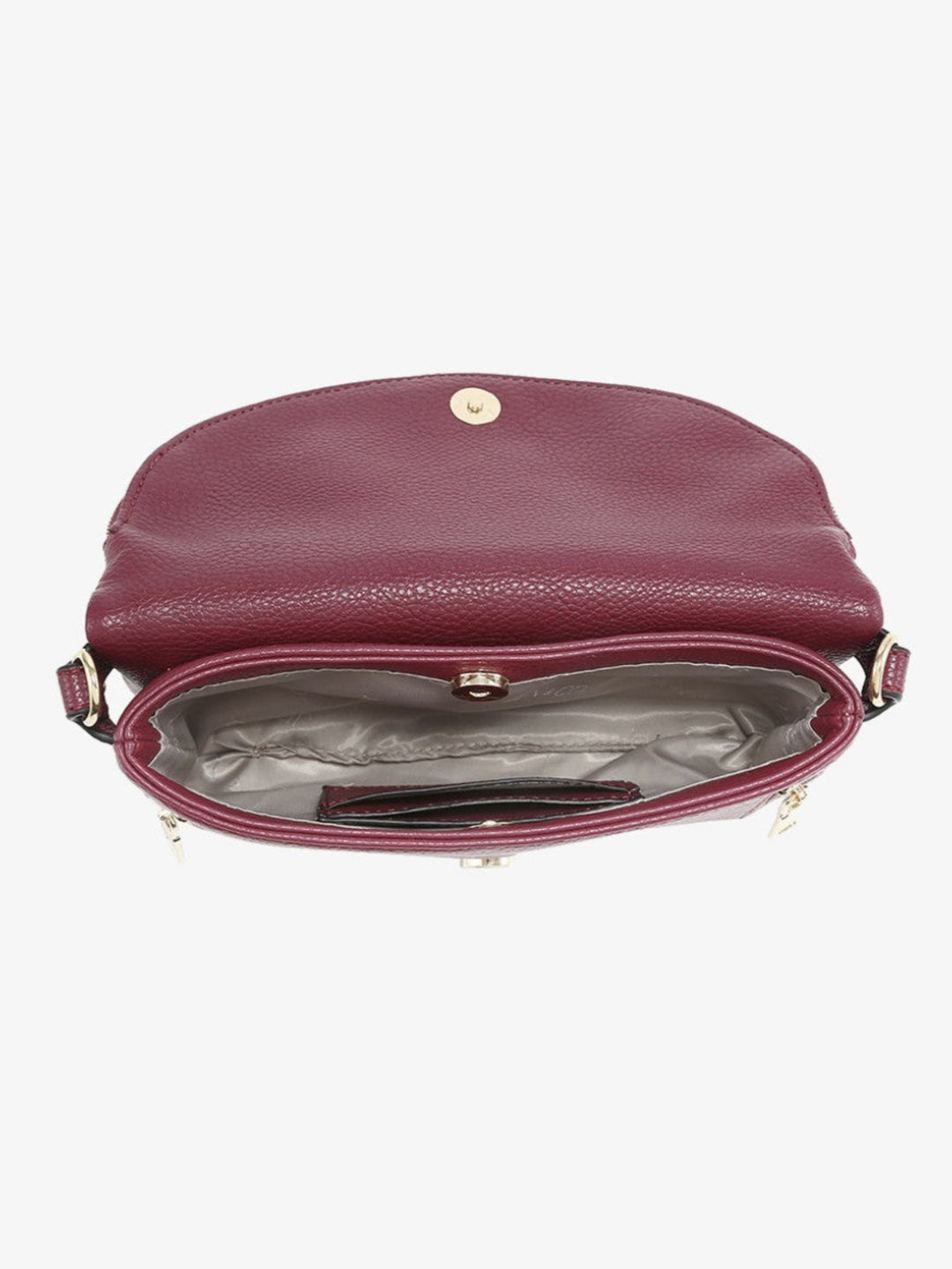 A burgundy pebbled leather crossbody bag shown from a top-down view, with its front flap open to reveal a gray interior lining and a gold-tone snap button closure.