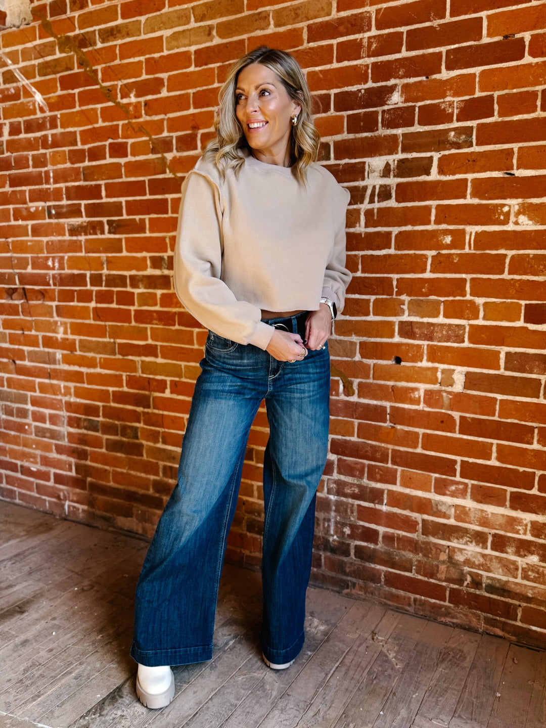 Izzy Inside Out Cropped Sweatshirt, Tan