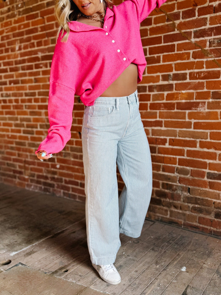 Jazmine Ultra High Rise Wide Leg Jeans, Blue & White Stripe