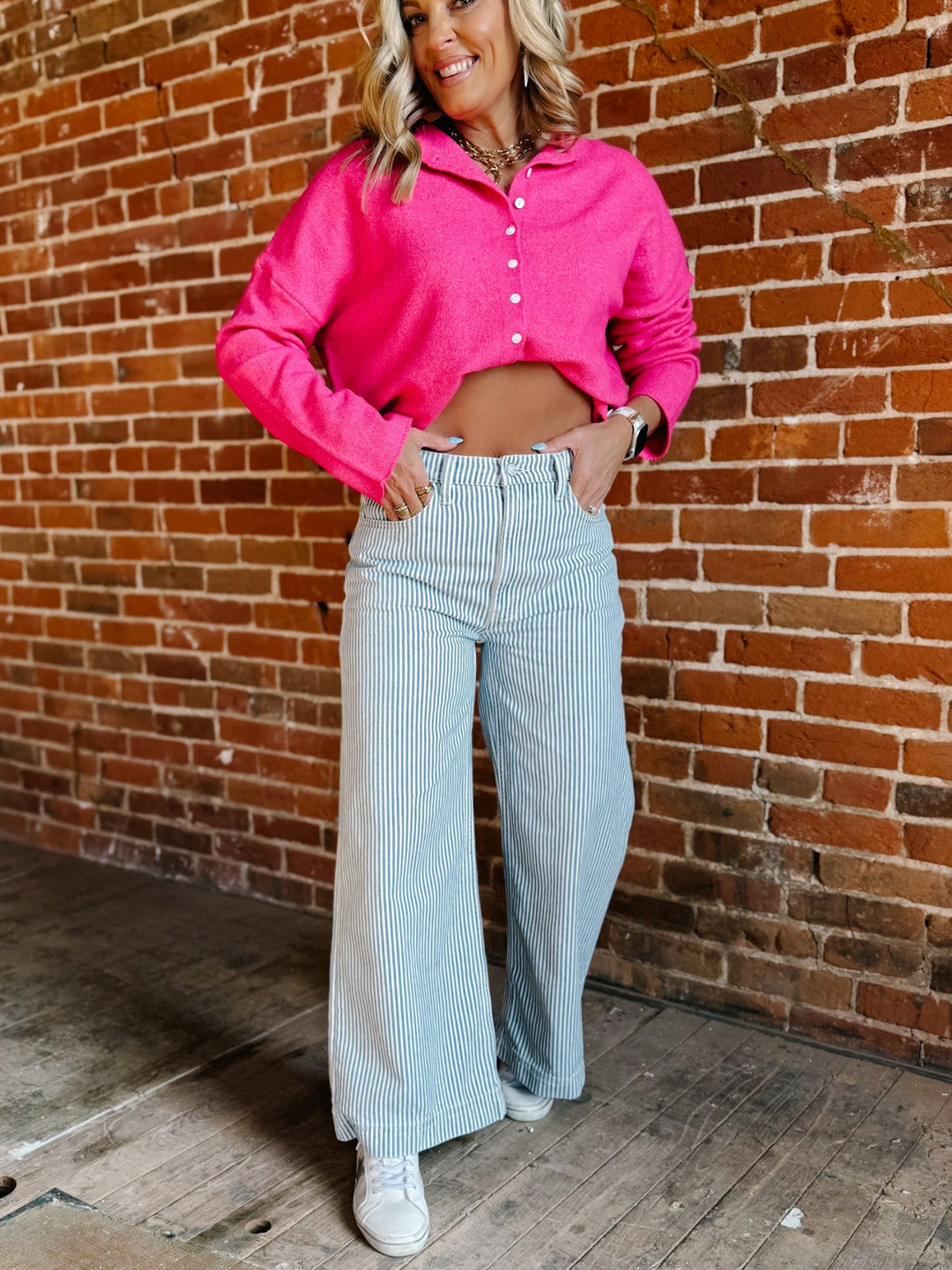 Jazmine Ultra High Rise Wide Leg Jeans, Blue & White Stripe