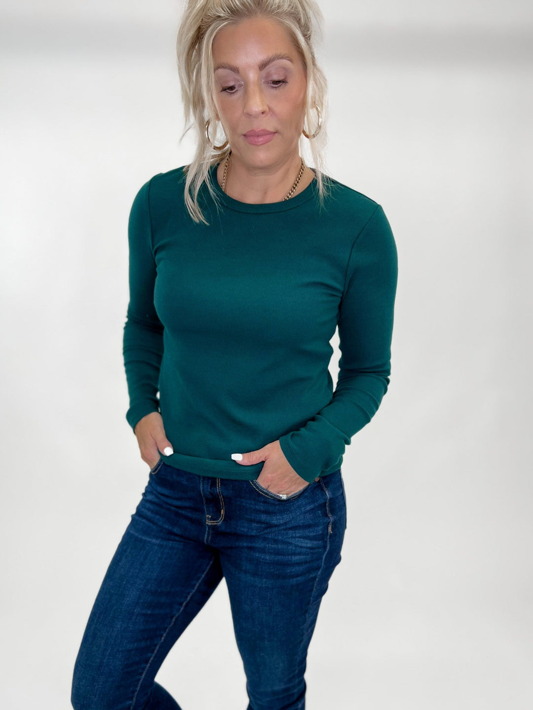 Jess Long Sleeve Ribbed Top, Evergreen